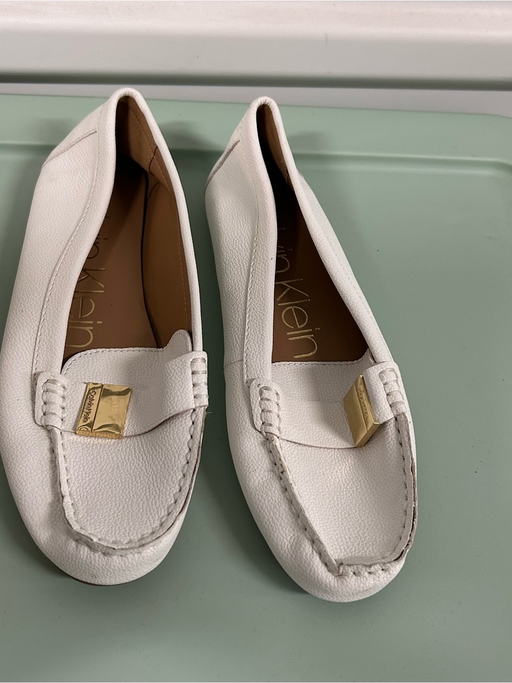 Calvin Klein White Leather Loafers with Gold Hardware